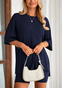 Casual Short Sleeved Round Neck Top Paired With Shorts Two-Piece Set