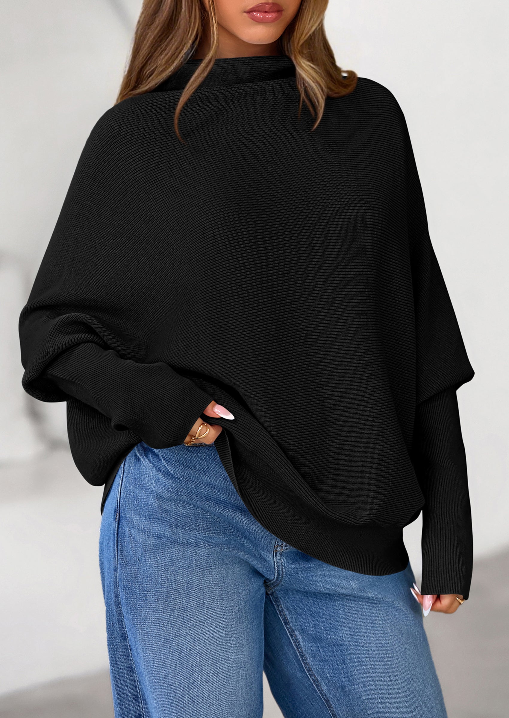 PRETTYGARDEN Womens Sweaters Fall Fashion Casual Loose Turtleneck Batwing Long Sleeve Knit Sweater Pullover Tops
