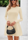 PRETTYGARDEN Long Sleeve Mini Dress for Women Fall Crewneck Knit Pleated Babydoll A Line Soft Casual Short Party Dresses