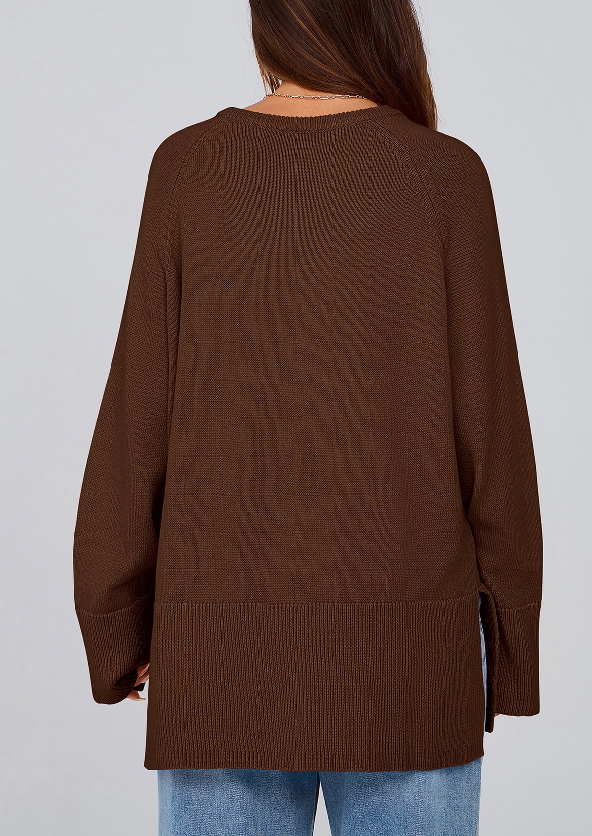 Knit Long Sleeve Crew Neck Split Hem Loose Oversized Tunic Sweaters