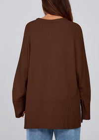 Knit Long Sleeve Crew Neck Split Hem Loose Oversized Tunic Sweaters
