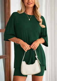 Casual Short Sleeved Round Neck Top Paired With Shorts Two-Piece Set
