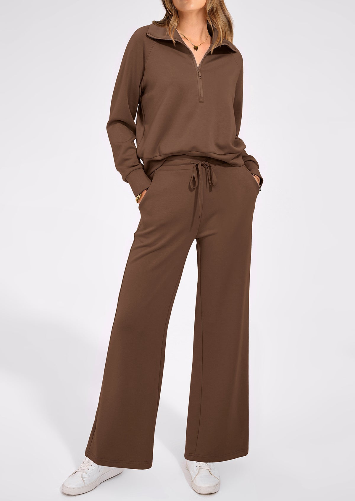 Flip Collar Half Zip Top And Wide Leg Pants Casual Two-Piece Set