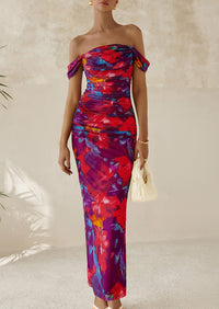 Ruched Bodycon Off Shoulder Floral Mesh Cocktail Party Fitted Maxi Dress