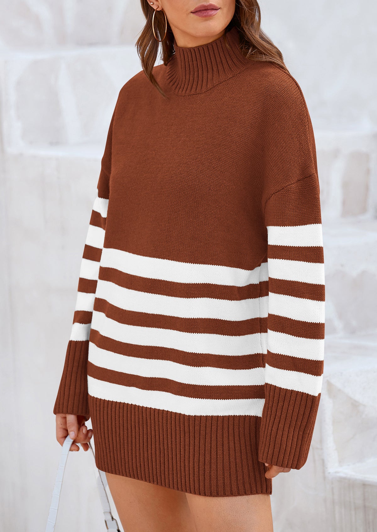 Striped Turtleneck Long Sleeve Loose Fit Chunky Knit Casual Mini Sweater Dresses