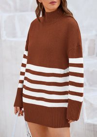Striped Turtleneck Long Sleeve Loose Fit Chunky Knit Casual Mini Sweater Dresses