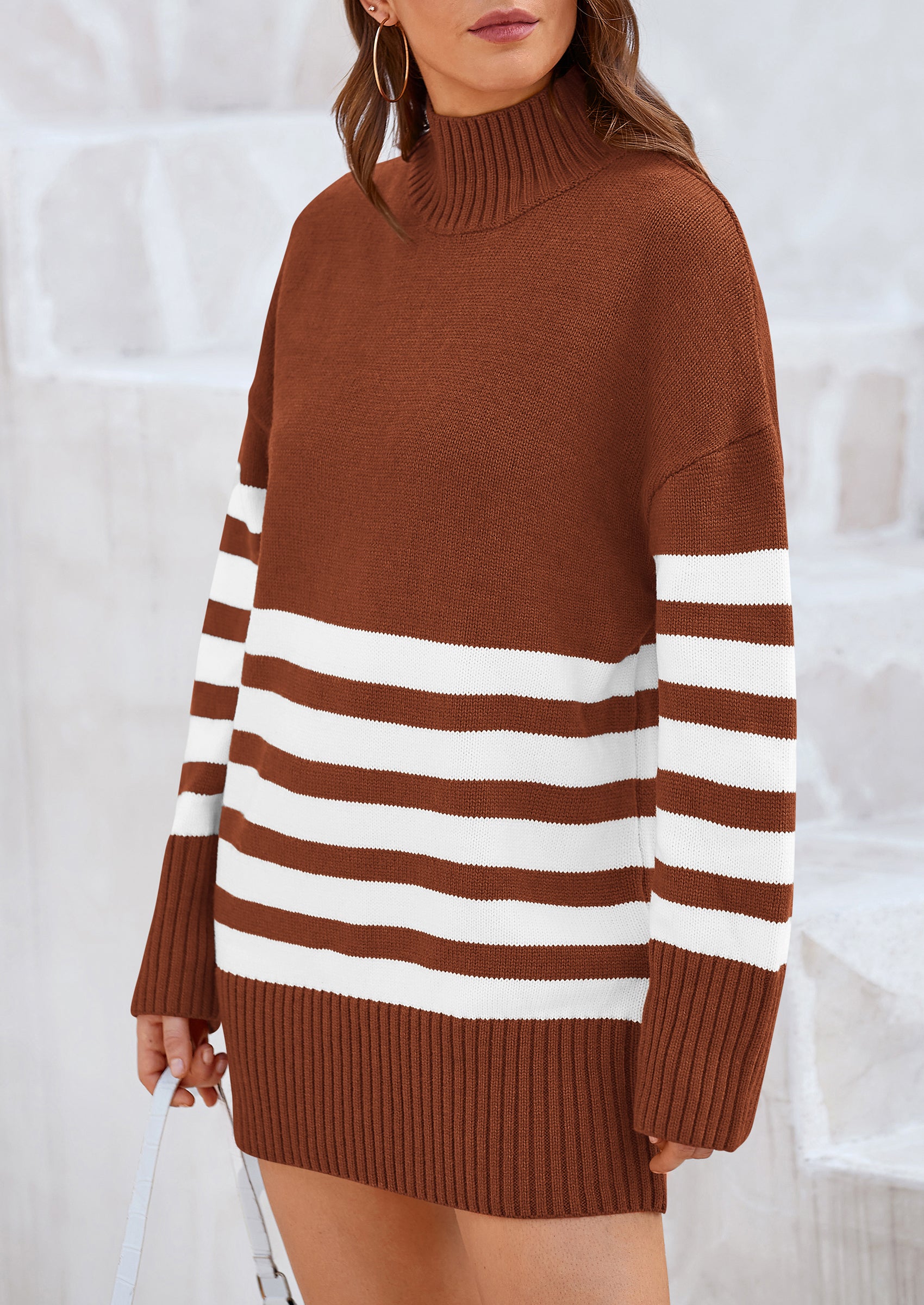 PRETTYGARDEN Women's Oversized Striped Sweaters Fall Casual Long Sleeve Turtleneck Pullover Chunky Knit Jumper Tops