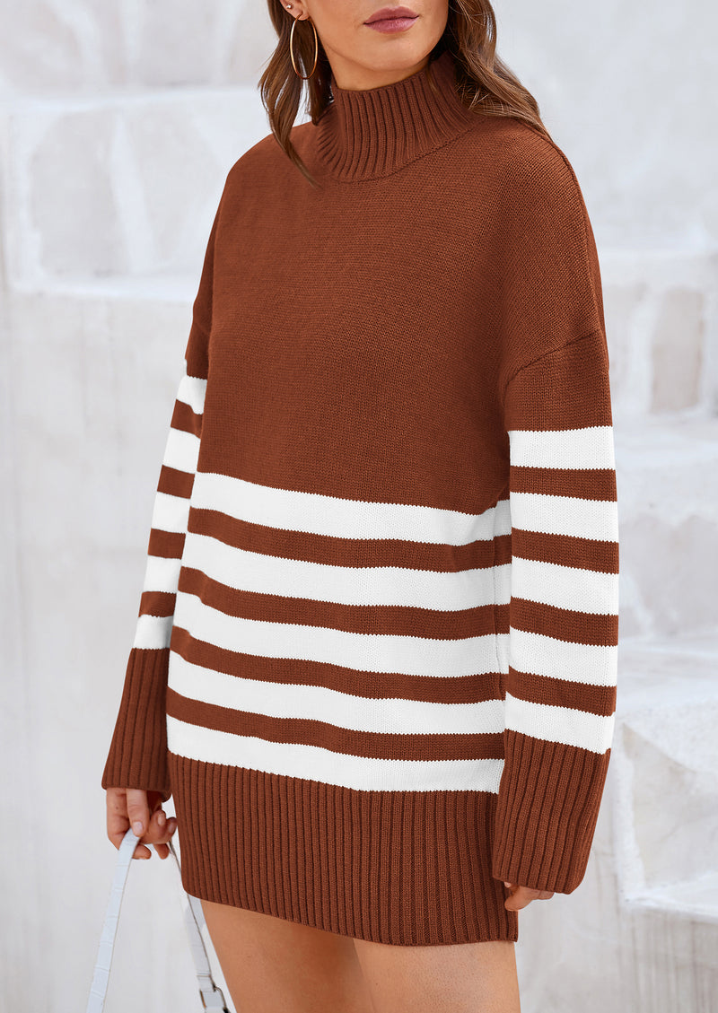 PRETTYGARDEN Women's Oversized Striped Sweaters Fall Casual Long Sleeve Turtleneck Pullover Chunky Knit Jumper Tops
