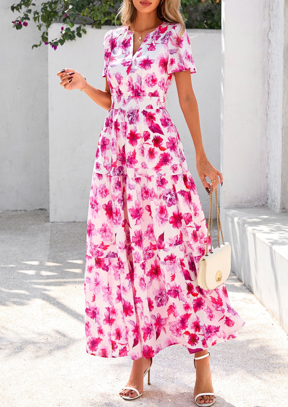 Boho Floral Short Sleeve V Neck A Line Tiered Ruffle Flowy Long Beach Vacation Maxi Dresses