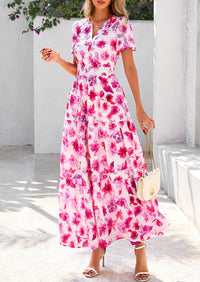 Boho Floral Short Sleeve V Neck A Line Tiered Ruffle Flowy Long Beach Vacation Maxi Dresses