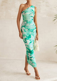 One Shoulder Bodycon Printed Ruched Mesh Party Cocktail Fitted Long Dress