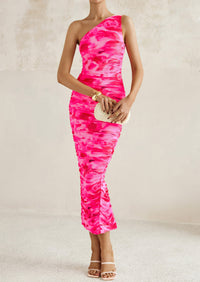 One Shoulder Bodycon Printed Ruched Mesh Party Cocktail Fitted Long Dress