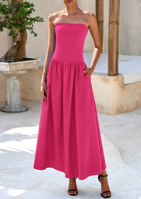 Strapless Patchwork Long Flowy Elegant Tube Top Maxi Dresses with Pockets