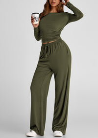 Long Sleeve Crop Tee Wide Leg Pants Two Piece Sets