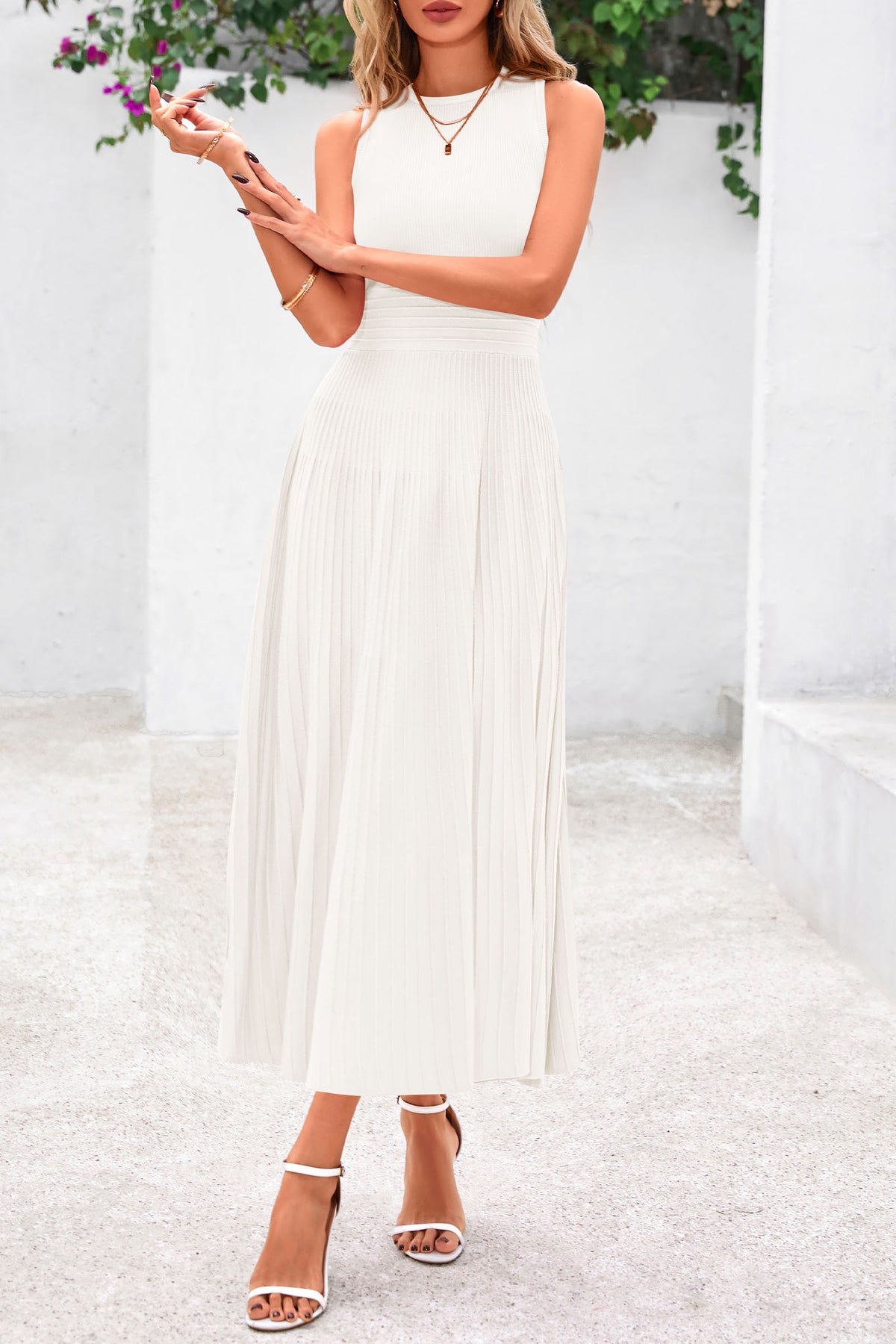 Sleeveless Crew Neck Knit A Line Pleated Swing Wedding Guest Casual Midi Dresses