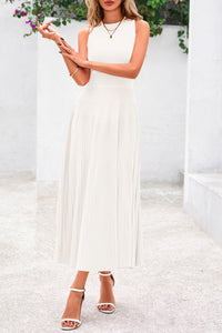 Sleeveless Crew Neck Knit A Line Pleated Swing Wedding Guest Casual Midi Dresses
