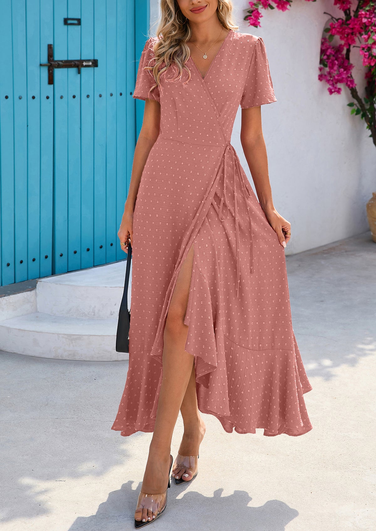 Leisure Bohemian Flower V-Neck Short Sleeved Ruffled Beach Long Skirt