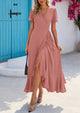 Leisure Bohemian Flower V-Neck Short Sleeved Ruffled Beach Long Skirt