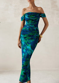 Ruched Bodycon Off Shoulder Floral Mesh Cocktail Party Fitted Maxi Dress