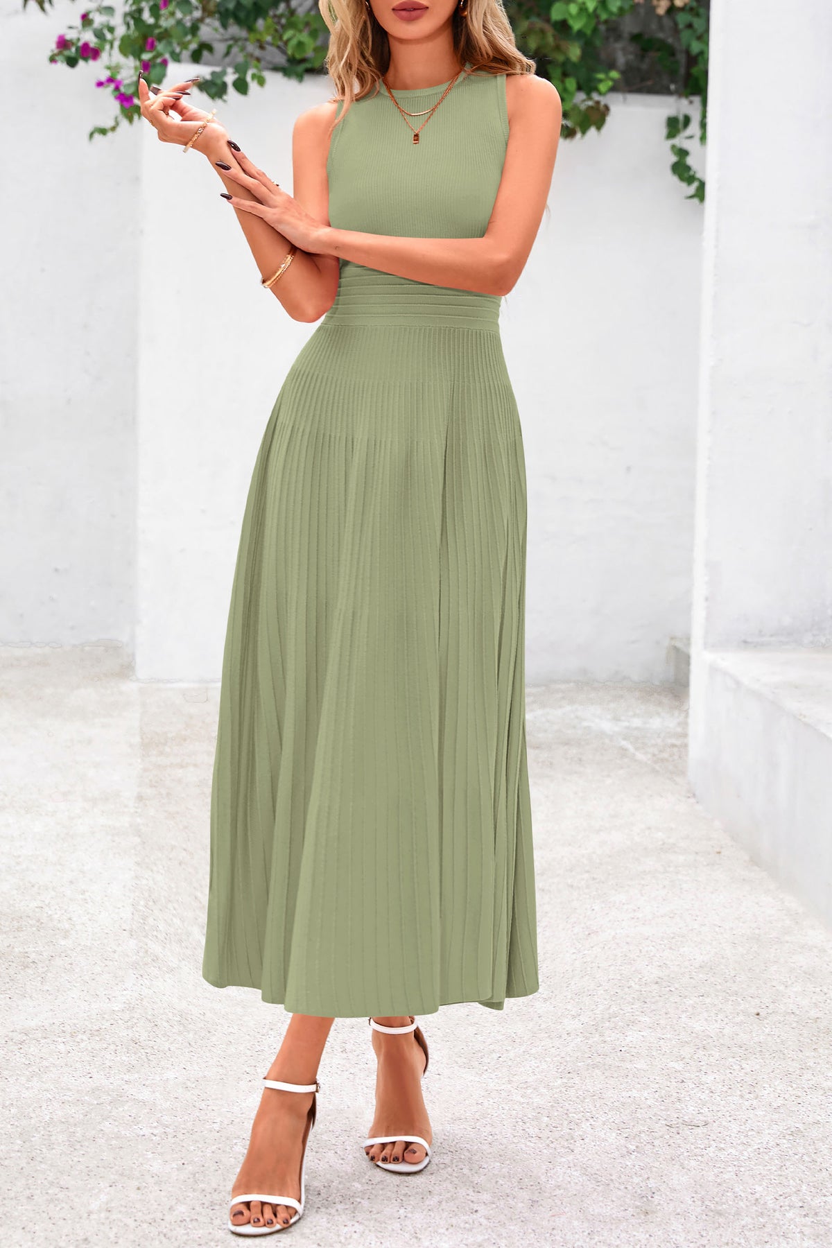 Sleeveless Crew Neck Knit A Line Pleated Swing Wedding Guest Casual Midi Dresses