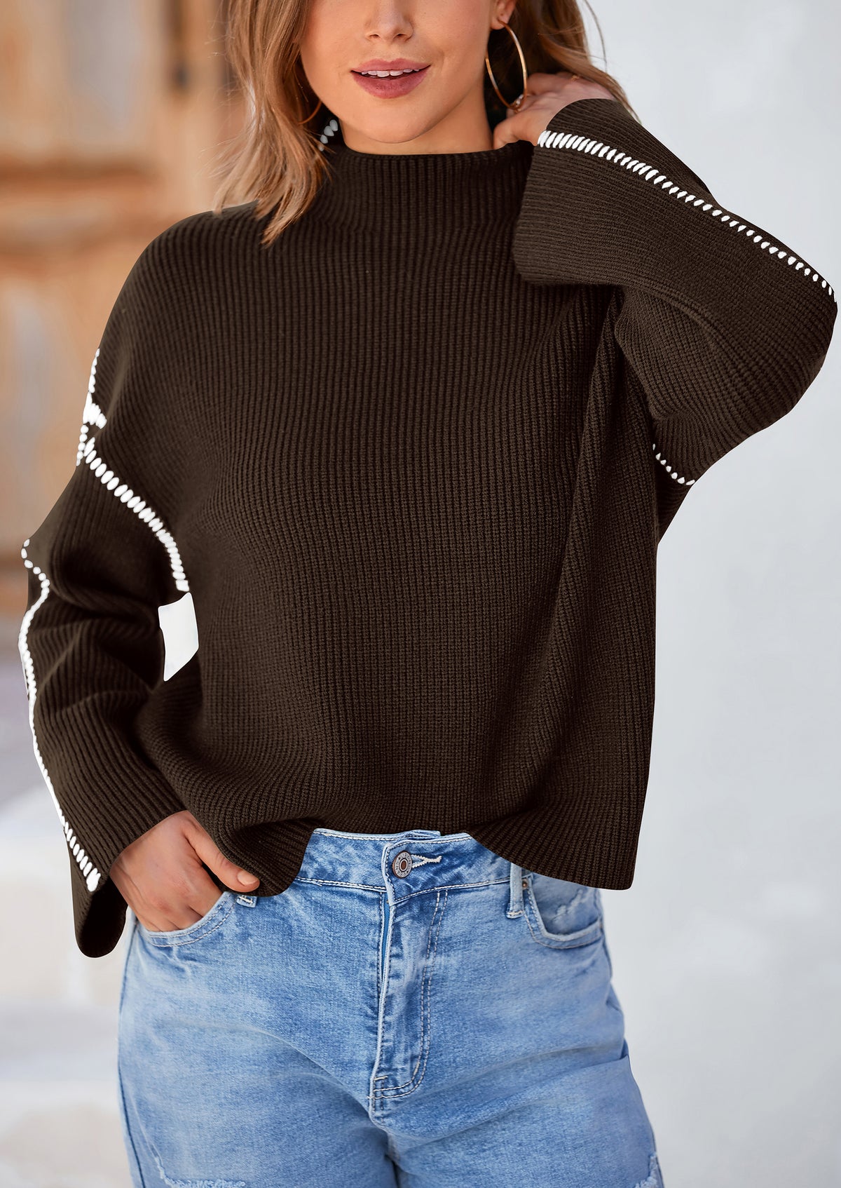 Chunky Knit  Casual Long Sleeve Mock Neck Oversized Loose Sweaters