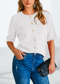 Button Down Casual Short Sleeve Crew Neck Ribbed Knit Shirts