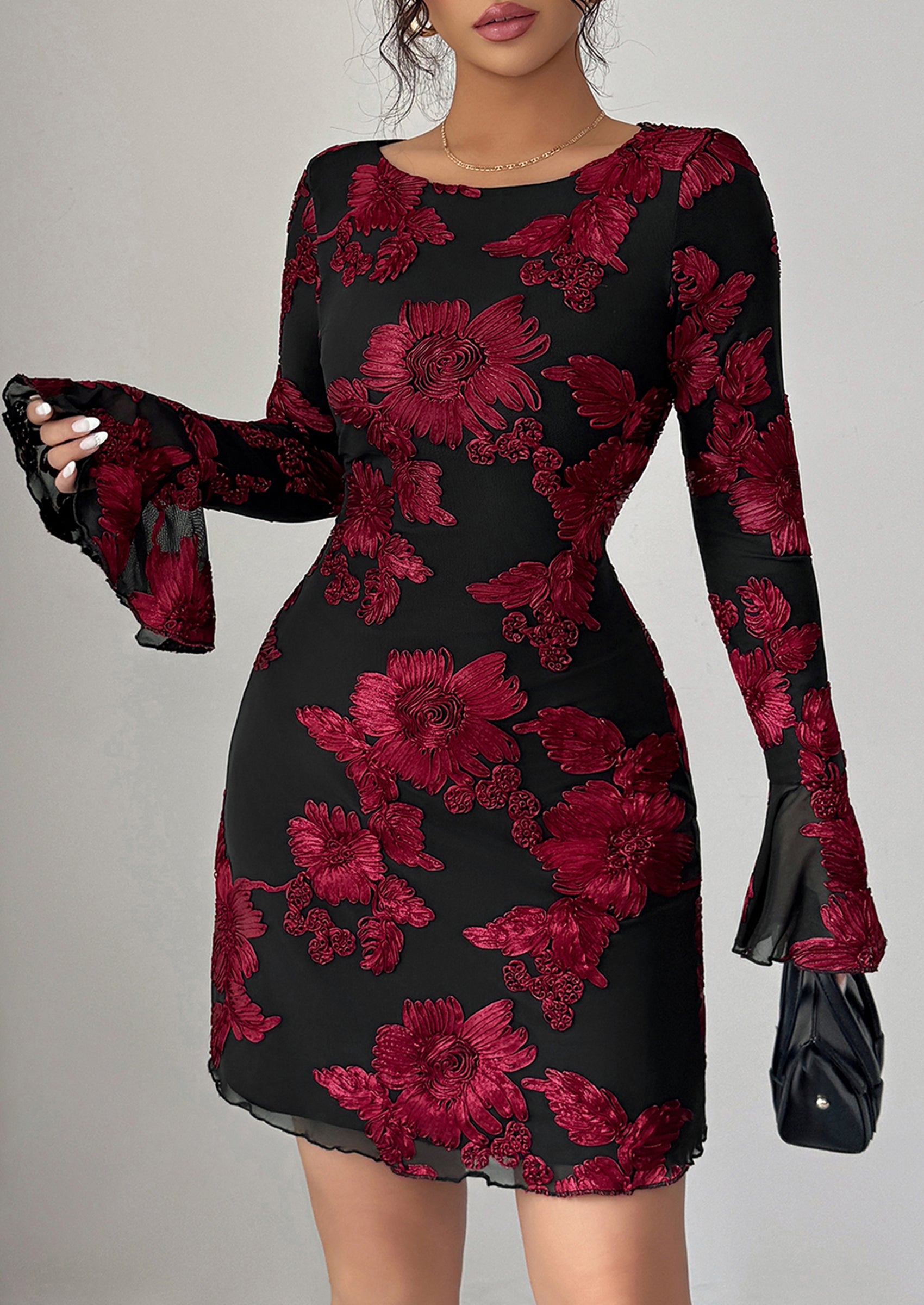PRETTYGARDEN Women's Floral Embroidered Dress Fall Long Bell Sleeve Ribbon Flower Mini Short Mesh Bodycon Party Dresses
