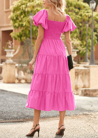 Casual Short Sleeved Square Neck Layered Pleated Dress