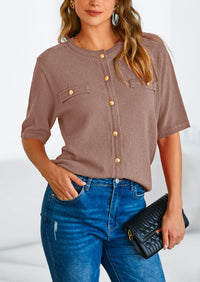 Button Down Casual Short Sleeve Crew Neck Ribbed Knit Shirts