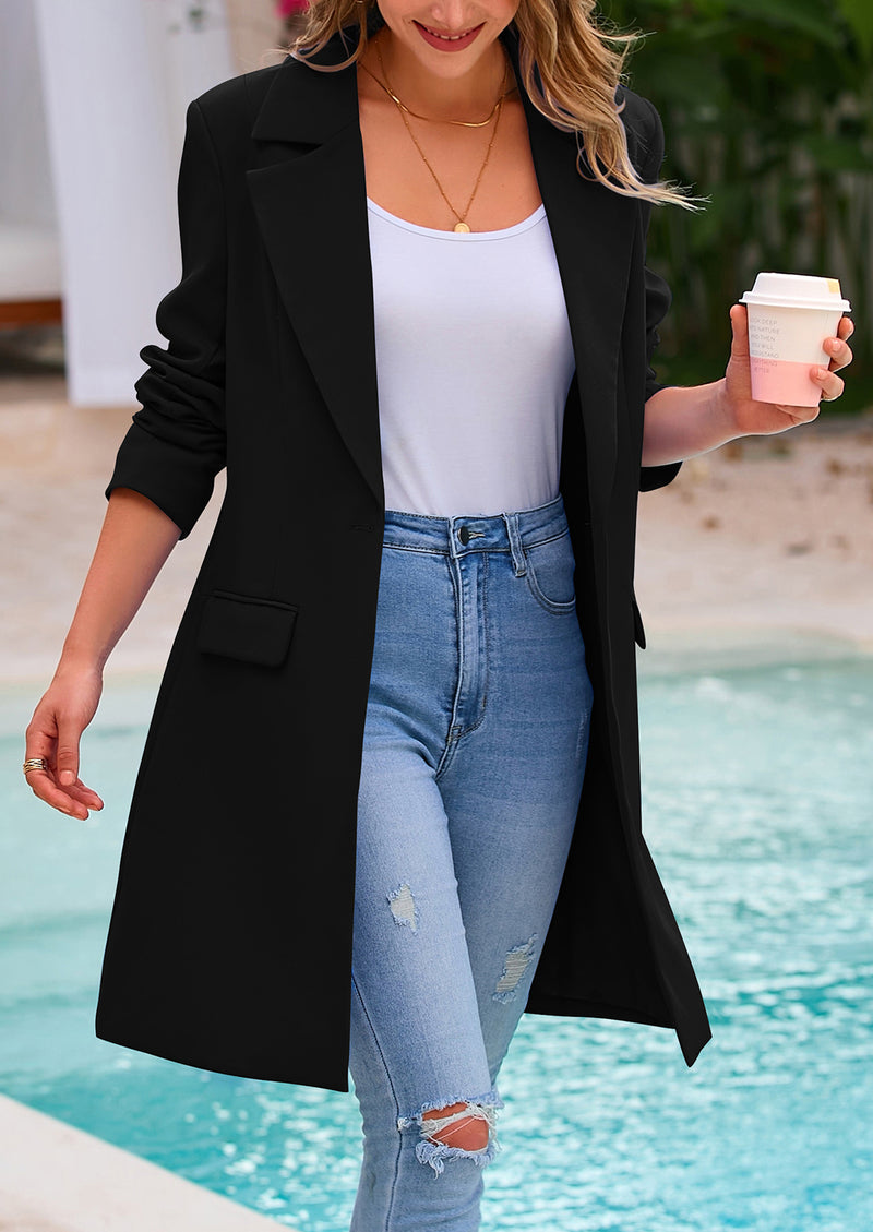 PRETTYGARDEN Women's Spring Fall Long Blazer Jackets Long Sleeve Lapel Pockets Loose Fit Work Casual Blazers Outerwear
