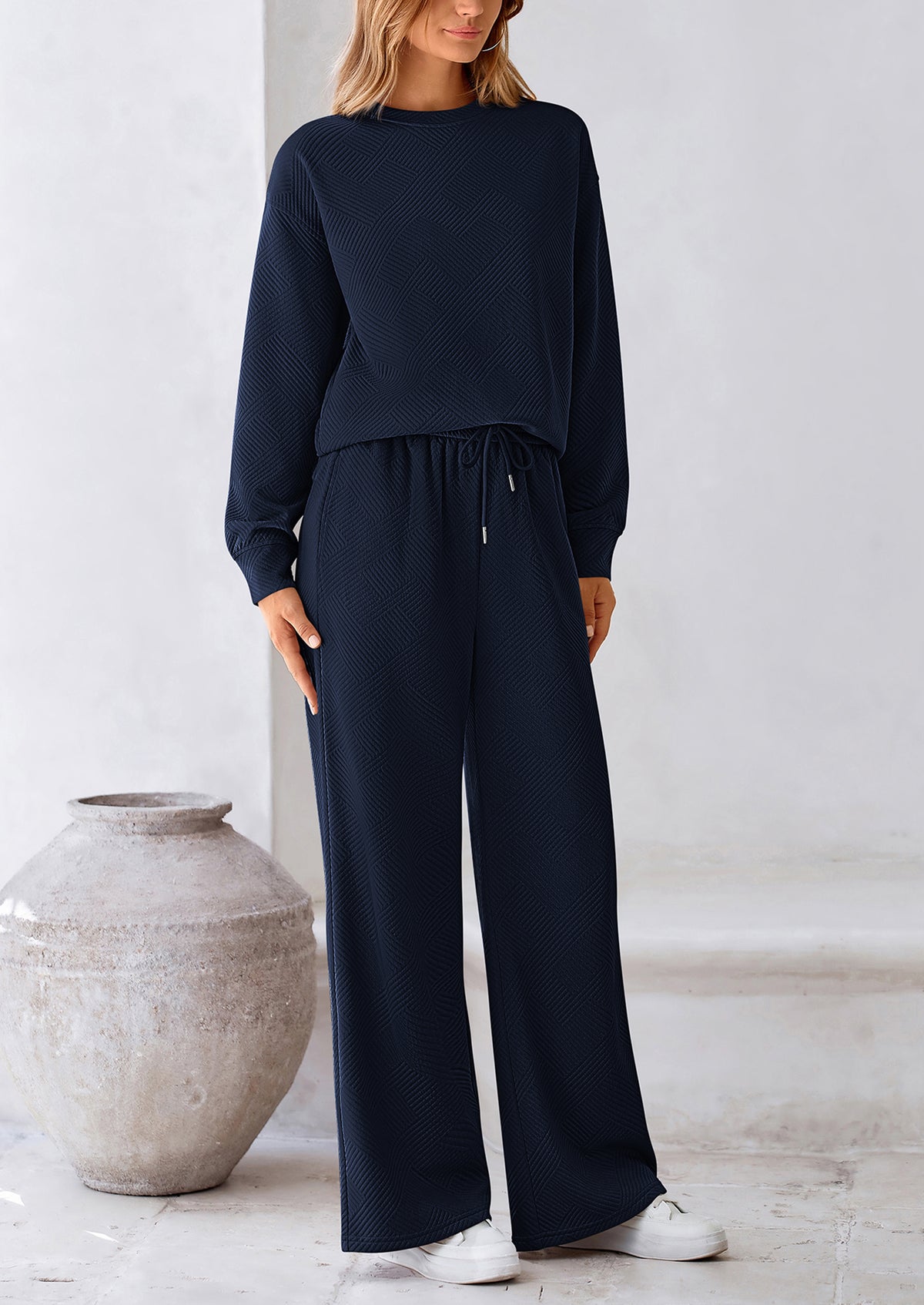 Casual Long Sleeve Pullover Tops and Wide Leg Pants Knitted Two Piece Sets