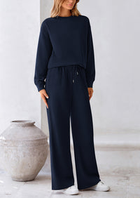 Casual Long Sleeve Pullover Tops and Wide Leg Pants Knitted Two Piece Sets