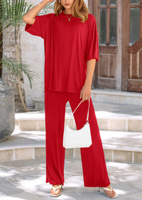 Short Sleeve Pullover Tops And Wide Leg Pants Two Piece Sets