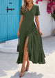 Leisure Bohemian Flower V-Neck Short Sleeved Ruffled Beach Long Skirt
