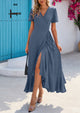 Leisure Bohemian Flower V-Neck Short Sleeved Ruffled Beach Long Skirt