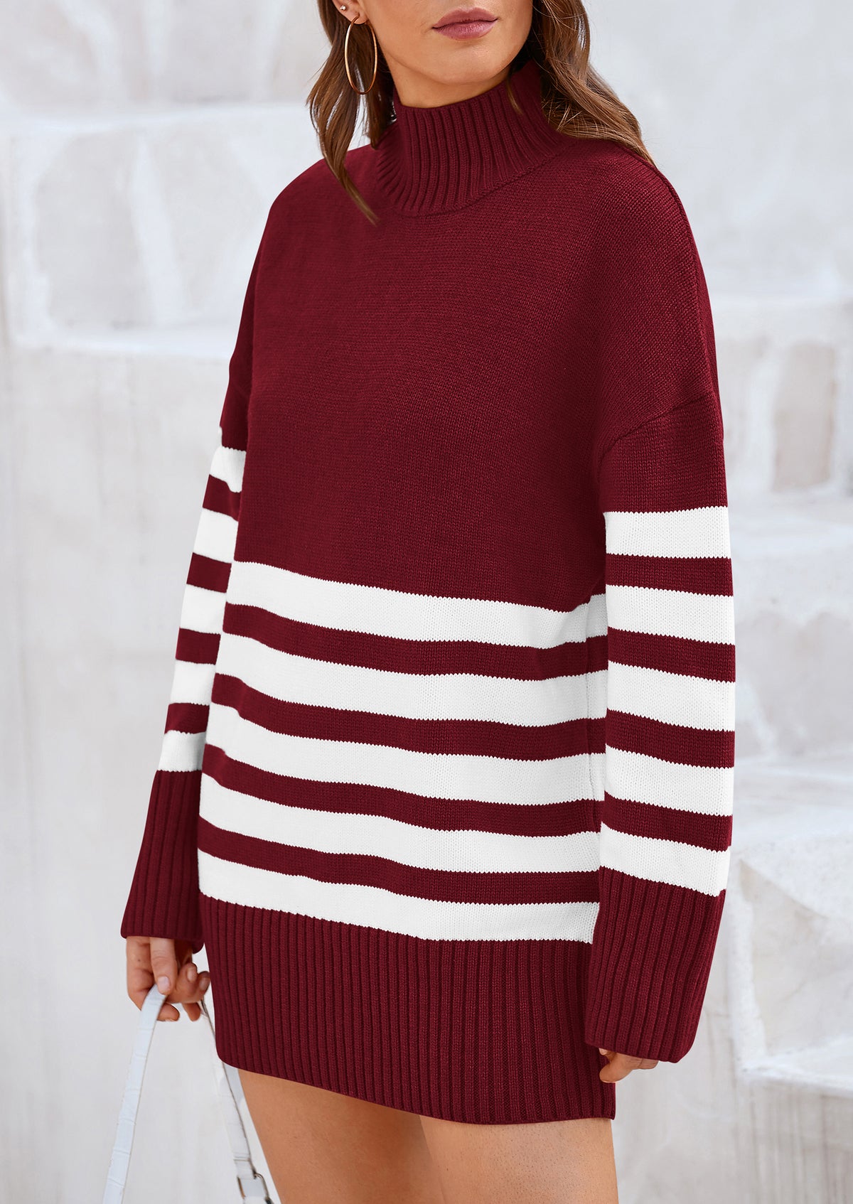 Striped Turtleneck Long Sleeve Loose Fit Chunky Knit Casual Mini Sweater Dresses