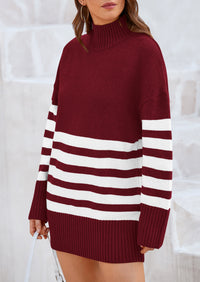 Striped Turtleneck Long Sleeve Loose Fit Chunky Knit Casual Mini Sweater Dresses
