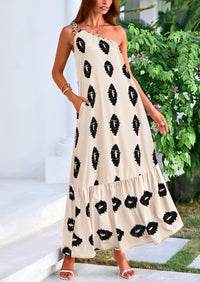 One Shoulder Spaghetti Strap Printed A Line Flowy Boho Maxi Long Sundress