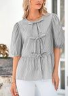PRETTYGARDEN Women's Tie Front Striped Shirt Summer Trendy Fashion Cute Babydoll Tops Peplum Puffy Sleeve Blouse