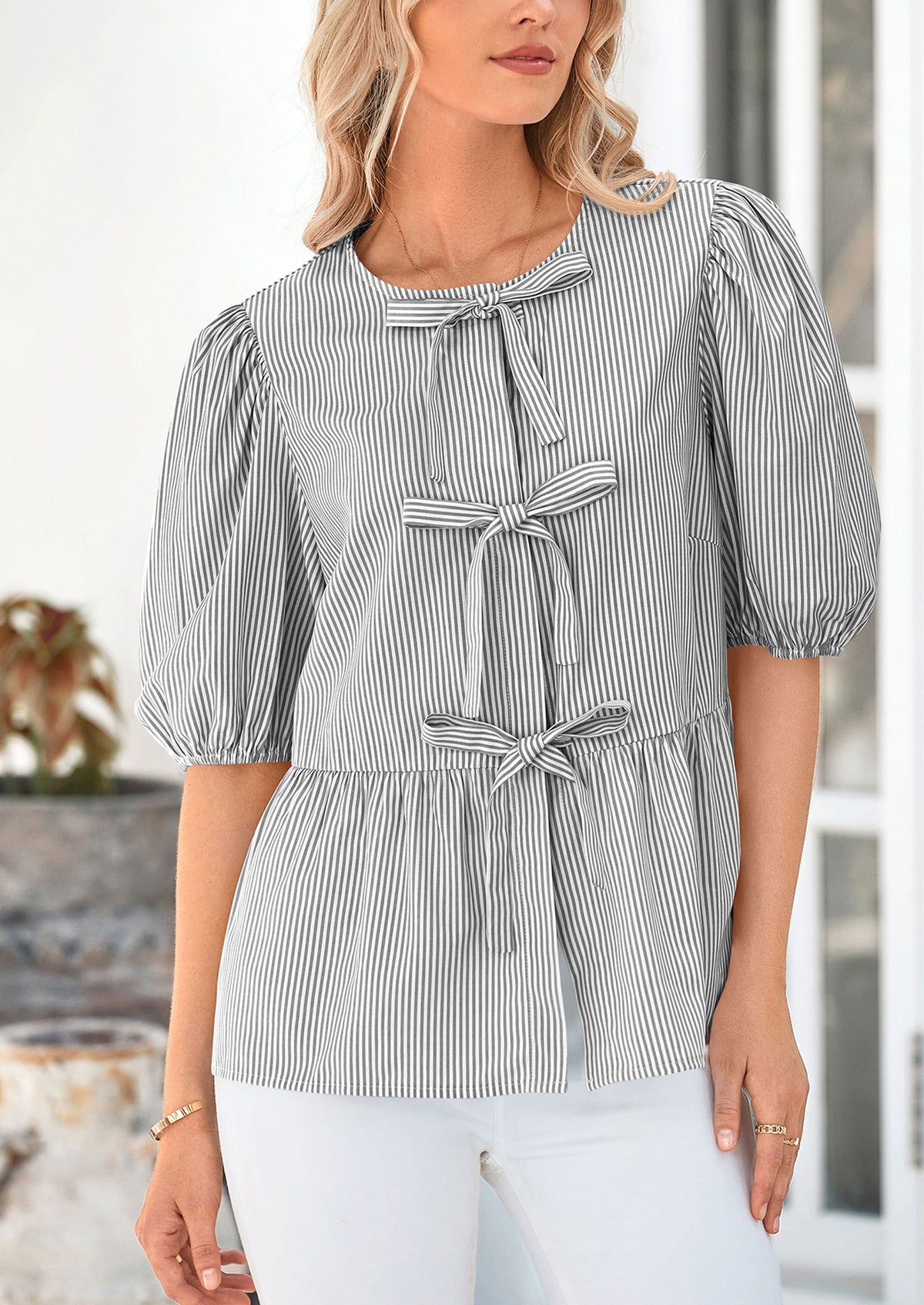 Striped Round Neck Front, Lace Up Bubble Sleeves Tops