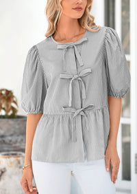 Striped Round Neck Front, Lace Up Bubble Sleeves Tops