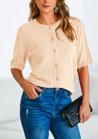 Button Down Casual Short Sleeve Crew Neck Ribbed Knit Shirts