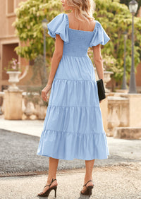 Casual Short Sleeved Square Neck Layered Pleated Dress