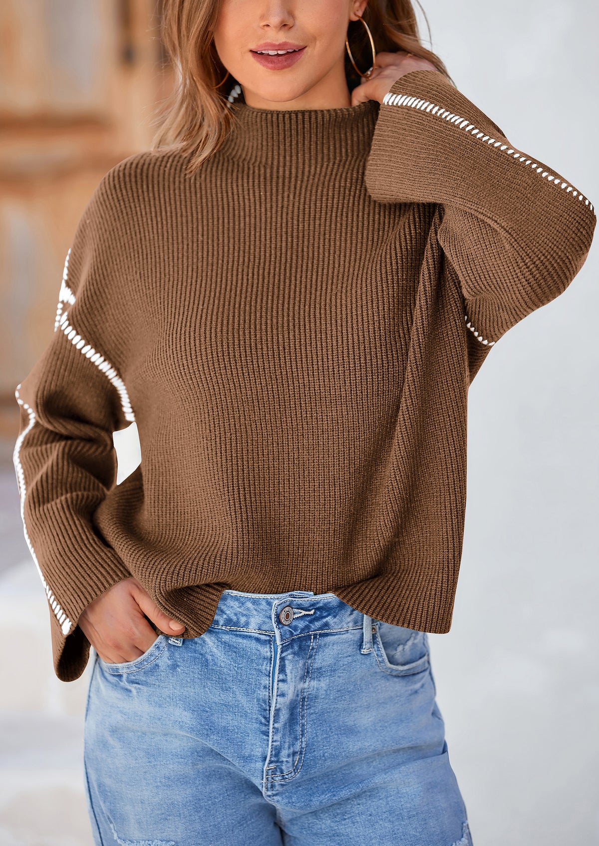Chunky Knit  Casual Long Sleeve Mock Neck Oversized Loose Sweaters