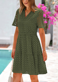 Short Sleeve V Neck Hollow Out Eyelet Ruffle A Line Swing Mini Dress