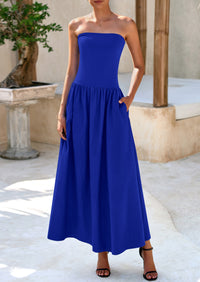 Strapless Patchwork Long Flowy Elegant Tube Top Maxi Dresses with Pockets