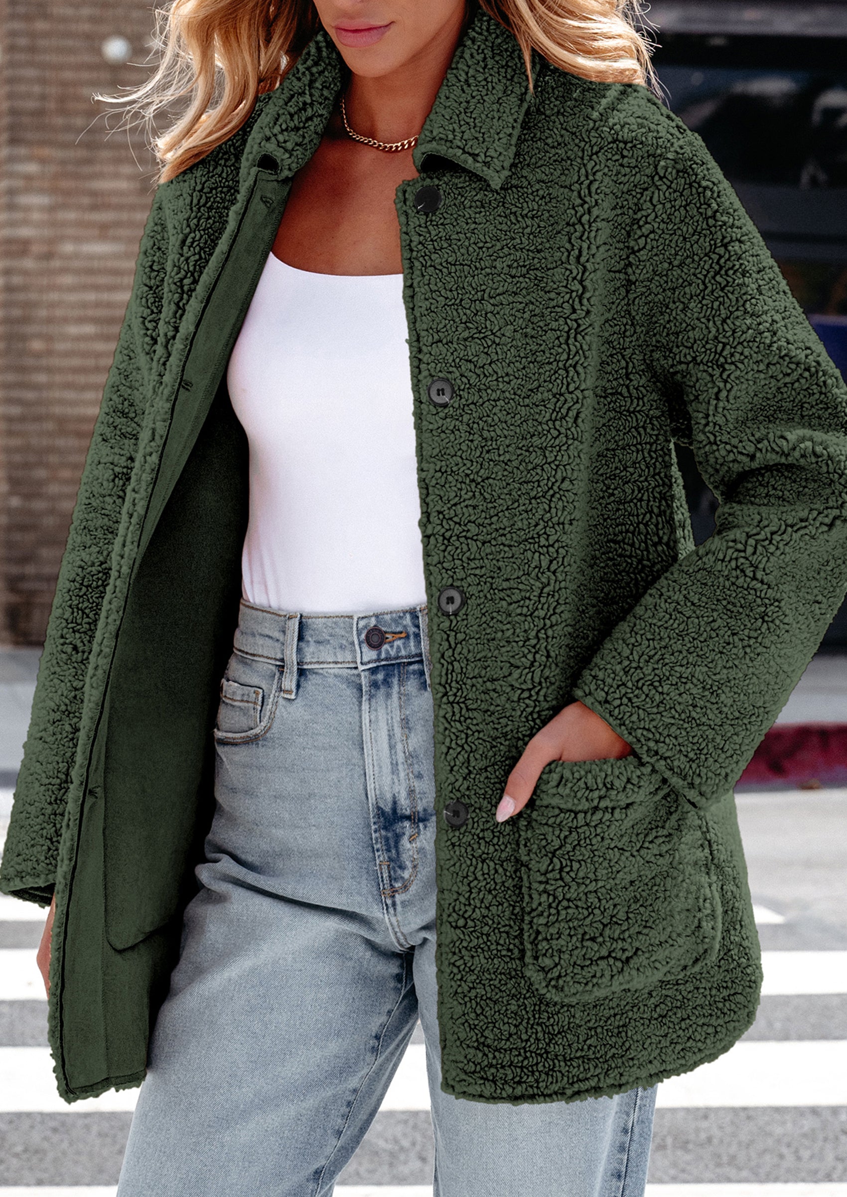 PRETTYGARDEN Women's Winter Faux Fur Coats Long Sleeve Lapel Button Down Pockets Fleece Sherpa Jacket Casual Trendy Outerwear