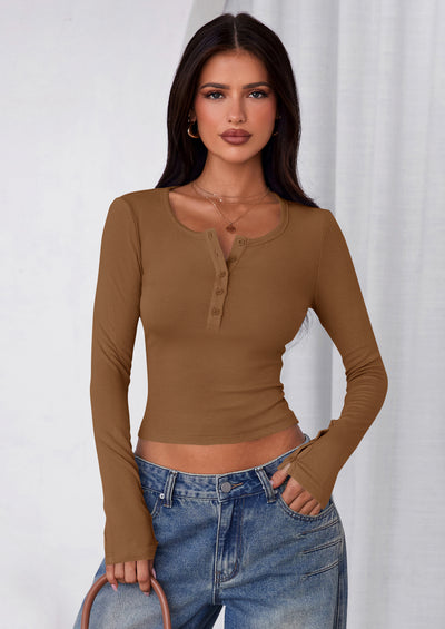 PRETTYGARDEN Women's Summer Long Sleeve Henley T Shirts Ribbed Knit Button Slim Fitted Basic Casual Going Out Fall Tops