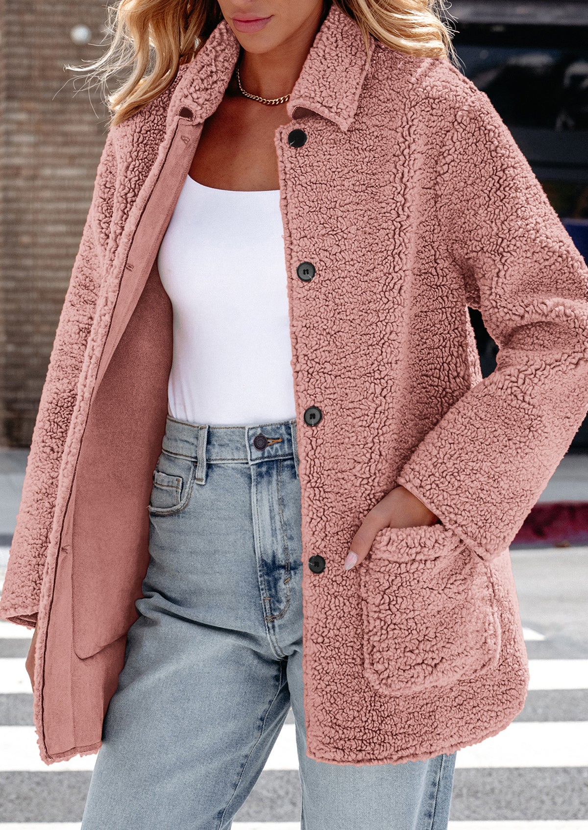 Long Sleeve Lapel Button Down Pockets Fleece Faux Fur Coats