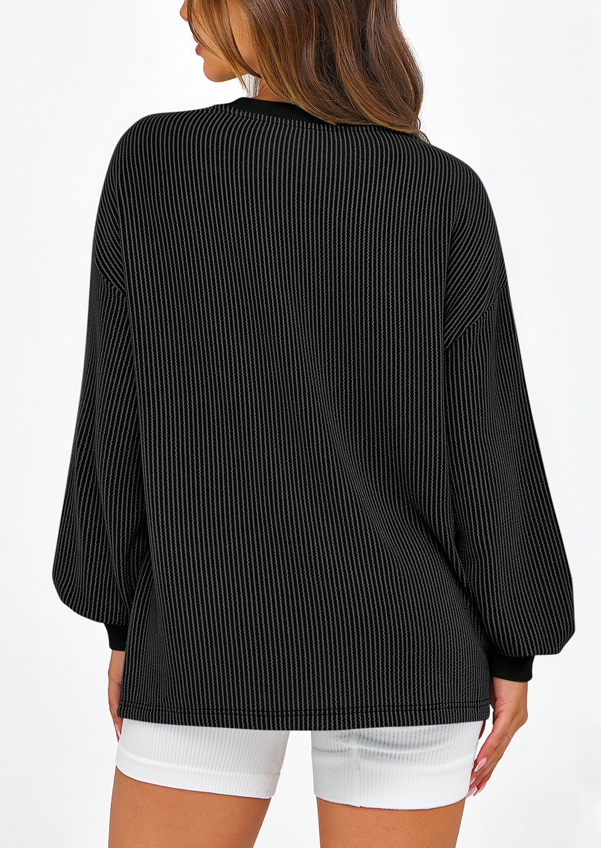 Long Sleeve Casual Loose Crew Neck Ribbed Blouse